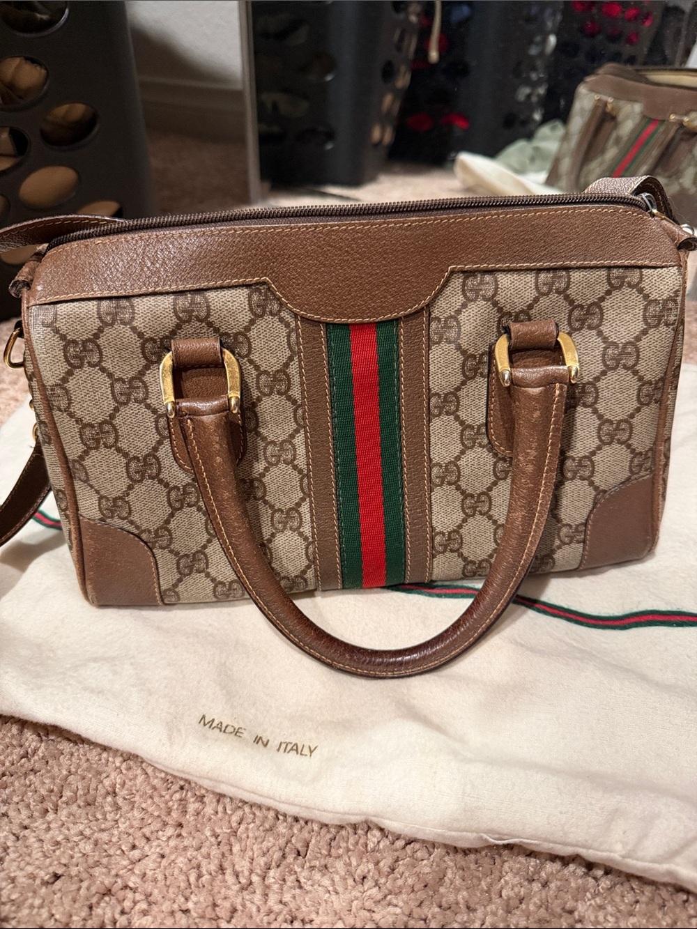 Gucci Brown GG Supreme Canvas Top Handle Satchel with Green-Red Web